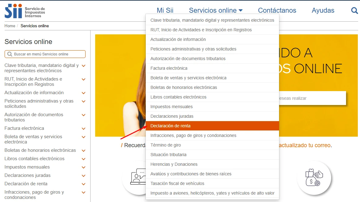 Menú Servicios online desplegado con la opción Declaración de renta resaltada