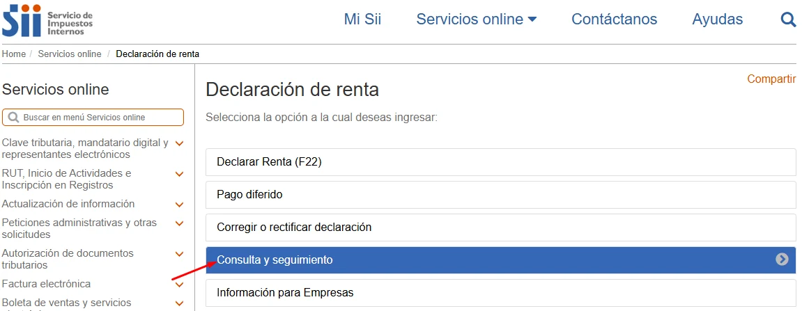 Opciones de Declaración de renta con Consulta y seguimiento resaltada