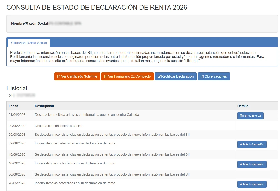 Consulta de estado de declaración de renta con los botones de descarga y el historial de eventos