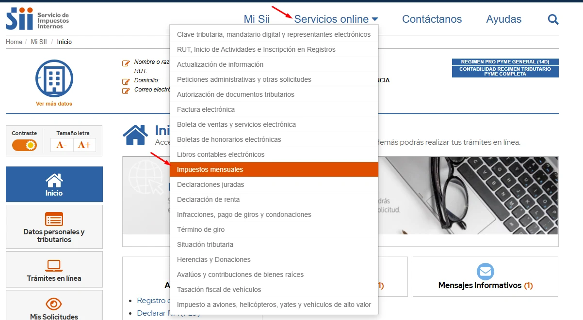 Menú Servicios online desplegado con la opción Impuestos mensuales resaltada