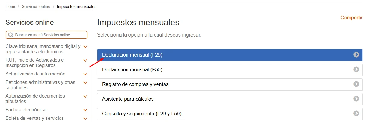 Opciones de Impuestos mensuales con Declaración mensual F29 resaltada