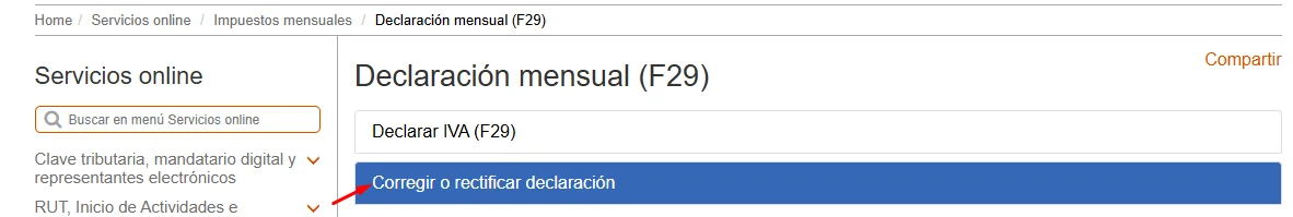 Opciones de Declaración mensual F29 con Corregir o rectificar declaración resaltada