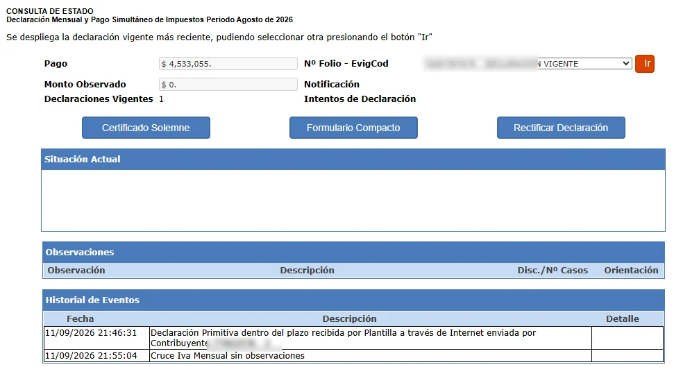 Consulta de estado de un período con los botones de certificado solemne y formulario compacto