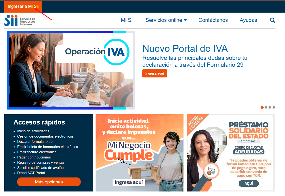 Portada del SII con Ingresar a Mi SII señalado en la esquina superior izquierda