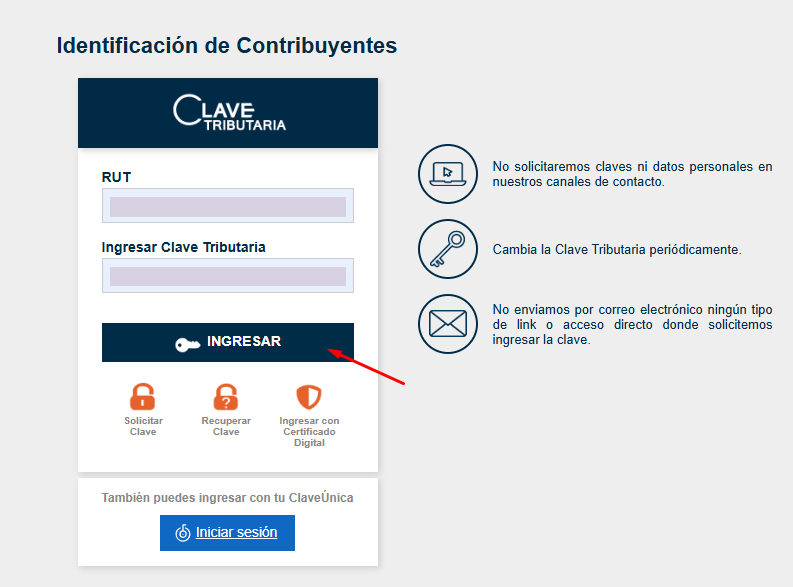 Identificación de Contribuyentes con campos de RUT y Clave Tributaria protegidos y botón Ingresar señalado