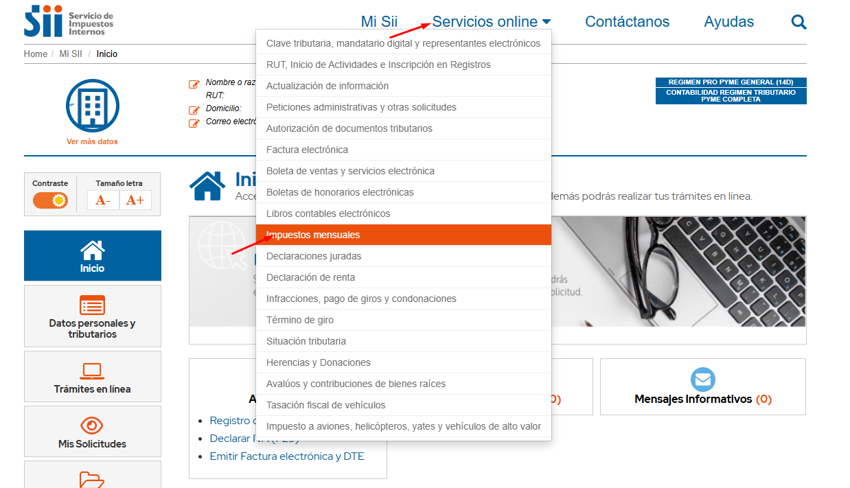 Menú Servicios online del SII desplegado con la opción Impuestos mensuales señalada