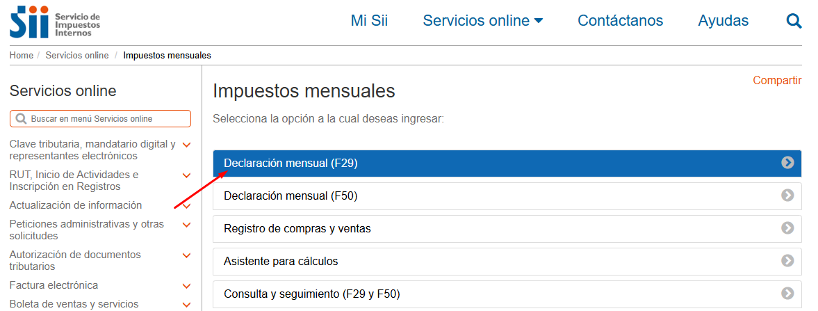 Página Impuestos mensuales con la opción Declaración mensual F29 destacada