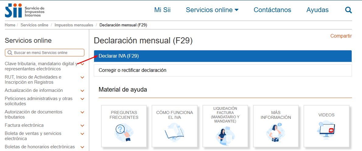 Página Declaración mensual F29 con el acceso Declarar IVA F29 señalado