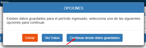 Ventana Opciones con el botón Continuar desde datos guardados señalado