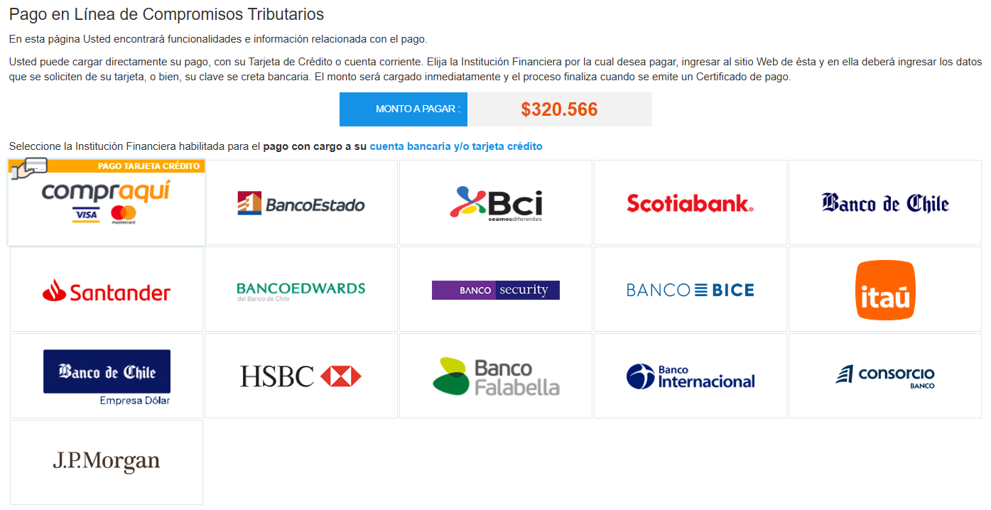 Pago en Línea de Compromisos Tributarios con monto a pagar de 320.566 pesos y listado de instituciones financieras