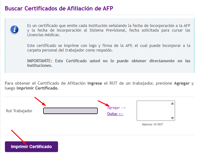 Búsqueda de certificados de afiliación AFP con campo RUT Trabajador, enlace Agregar y botón Imprimir Certificado
