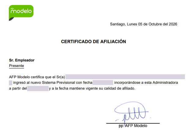 Ejemplo de certificado de afiliación emitido por una AFP con identificación y fechas de incorporación del trabajador