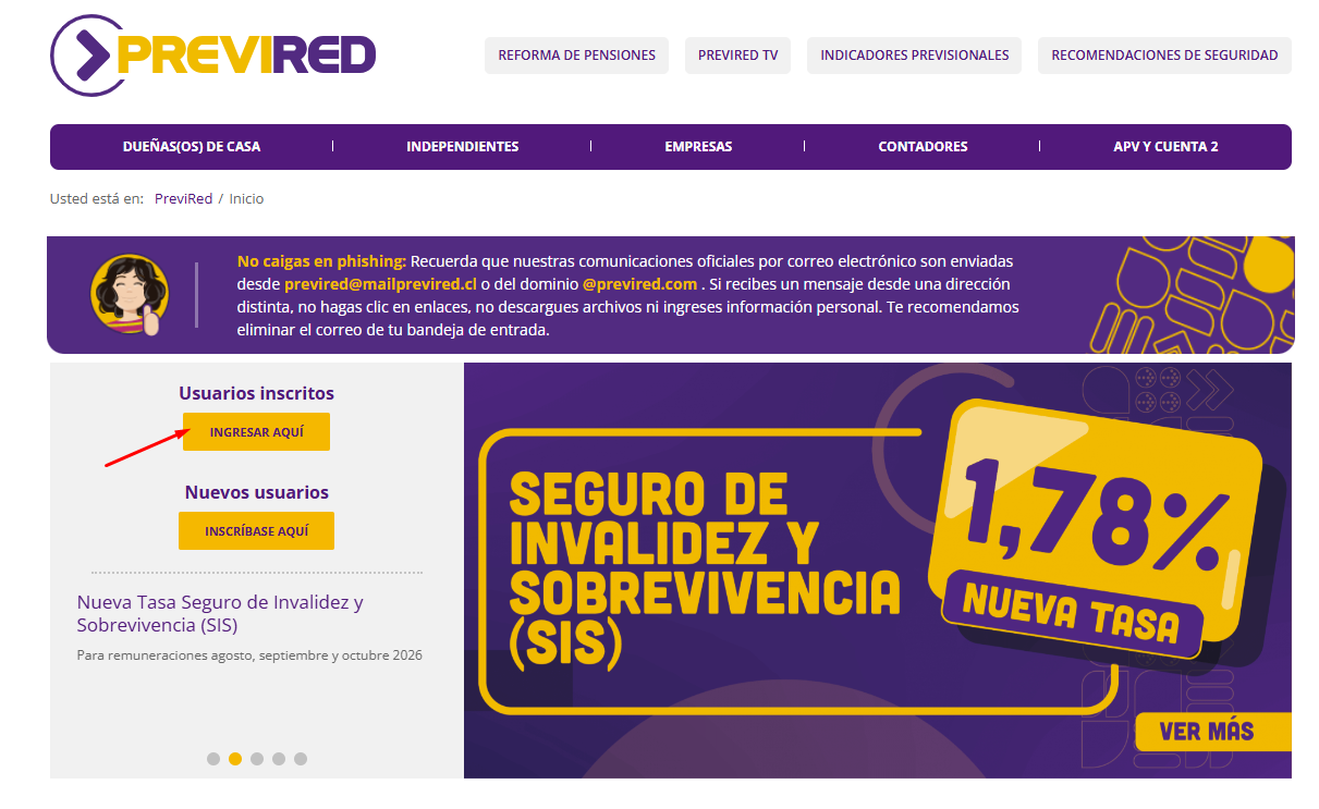 Portada de PREVIRED con la entrada para usuarios inscritos señalada