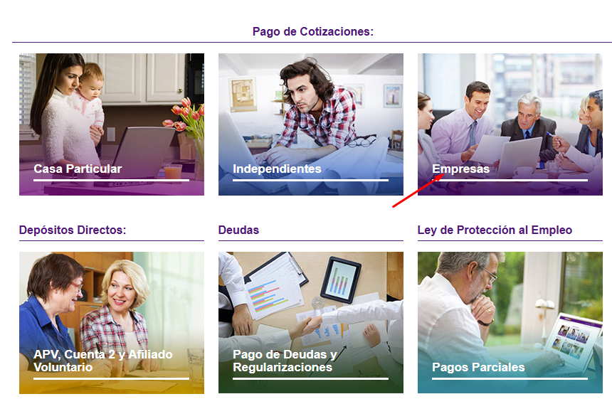 Selección de servicios de PREVIRED con Empresas destacada dentro de Pago de Cotizaciones