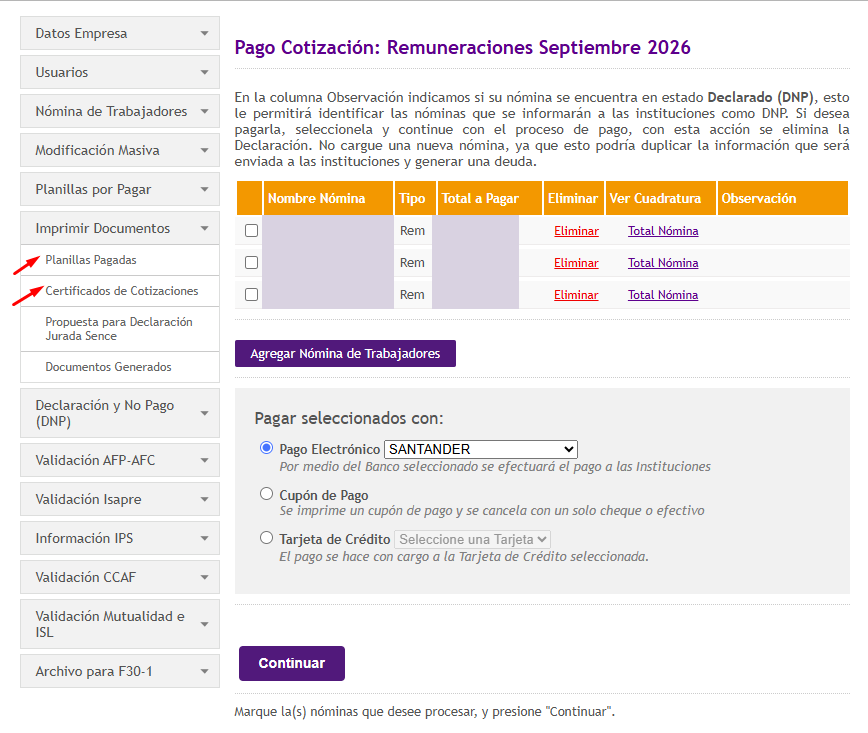 Menú Imprimir Documentos desplegado con las opciones Planillas Pagadas y Certificados de Cotizaciones