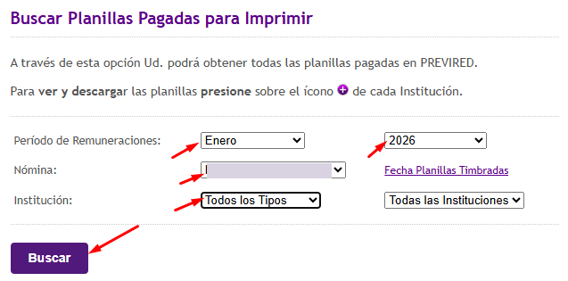 Búsqueda de planillas pagadas con selectores de mes, año, nómina e institución