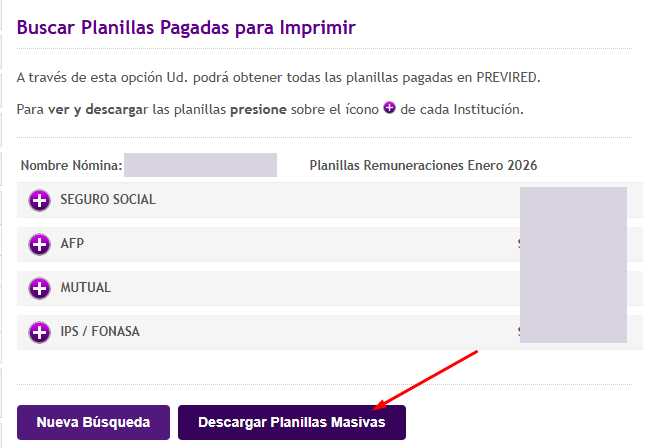 Resultados de planillas pagadas agrupados por institución y botón Descargar Planillas Masivas