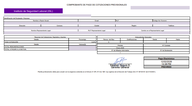Ejemplo de carátula de un comprobante de pago de cotizaciones de una institución previsional