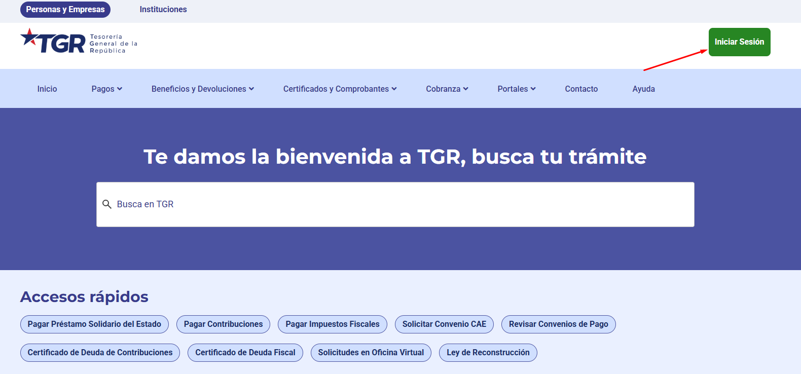 Portada de Tesorería General de la República con el botón Iniciar Sesión señalado y el acceso rápido Ley de Reconstrucción