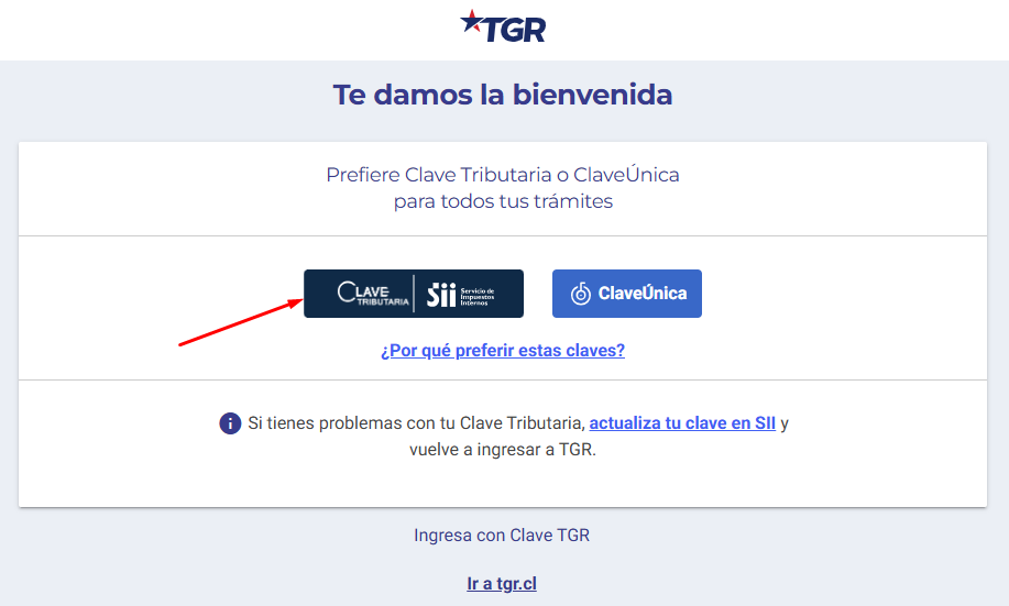 Pantalla de bienvenida de TGR con las alternativas Clave Tributaria y ClaveÚnica, y Clave Tributaria señalada
