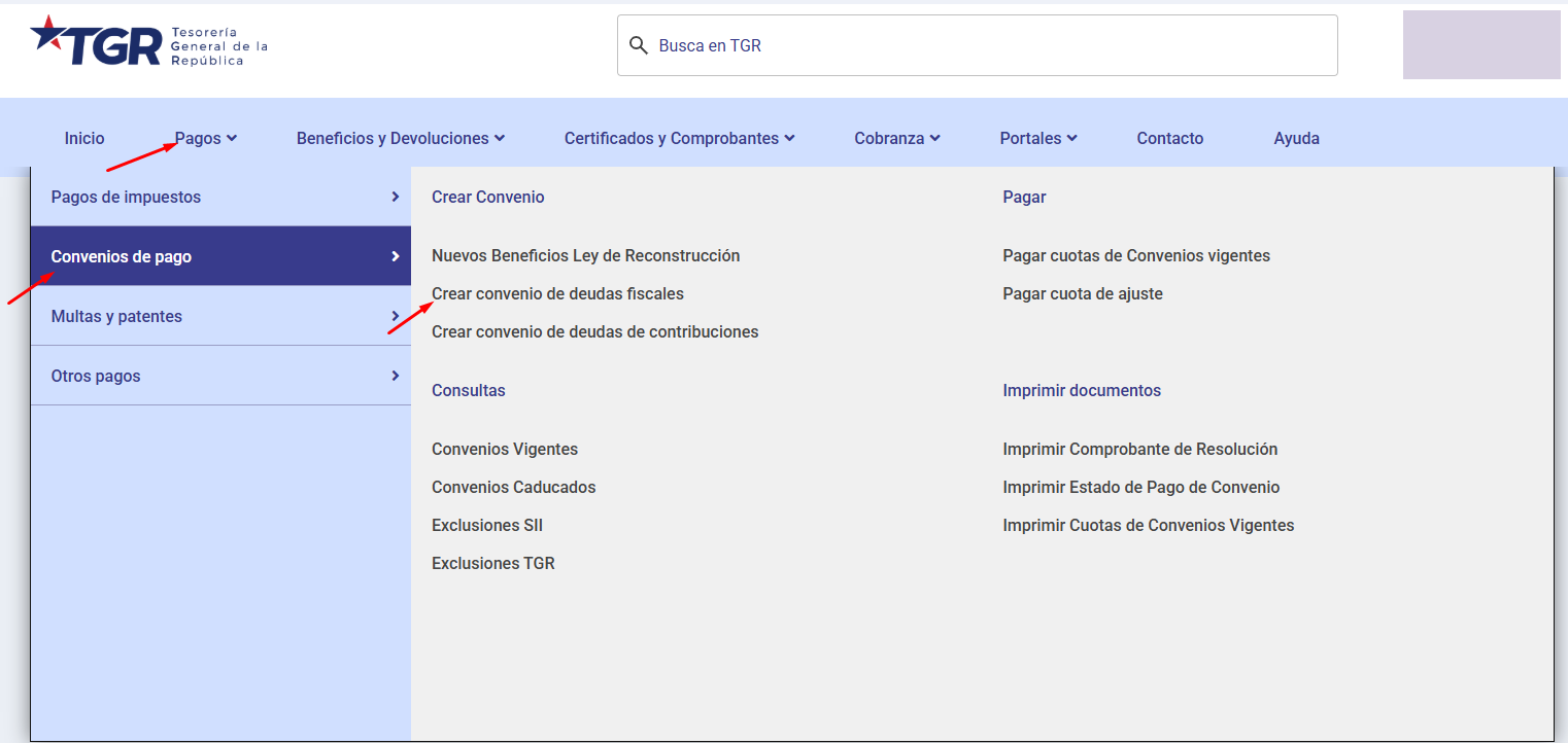 Menú Pagos, Convenios de pago, con Crear convenio de deudas fiscales señalado; el nombre del contribuyente está oculto