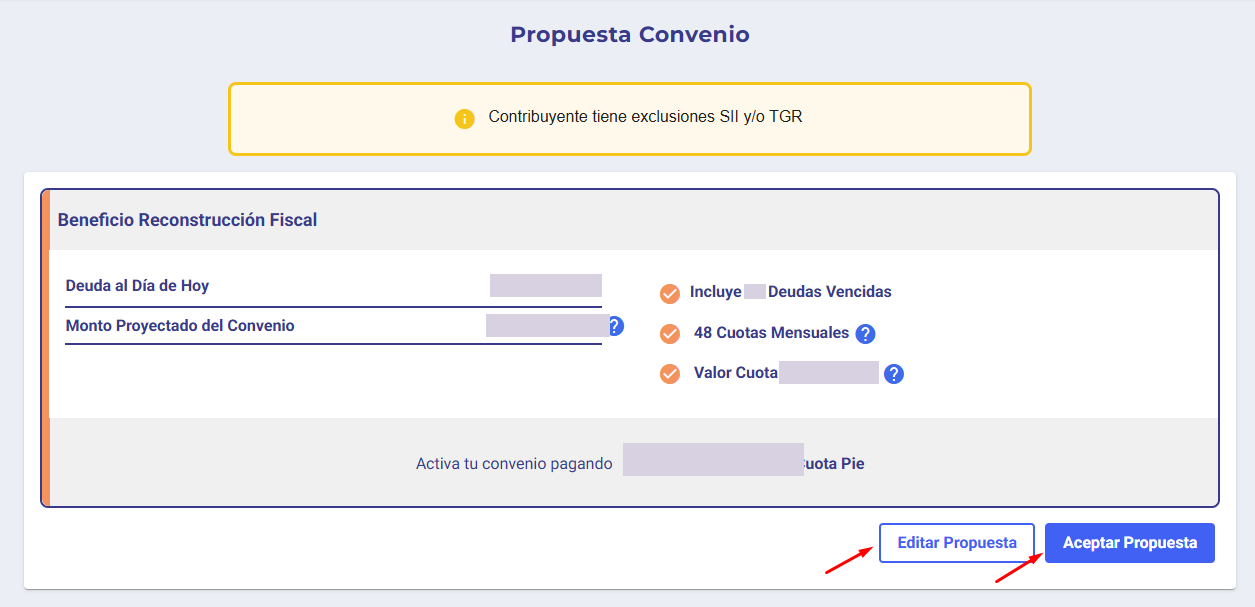 Propuesta Convenio, Beneficio Reconstrucción Fiscal, con aviso Contribuyente tiene exclusiones SII y/o TGR, 48 cuotas mensuales y botones Editar Propuesta y Aceptar Propuesta; montos ocultos
