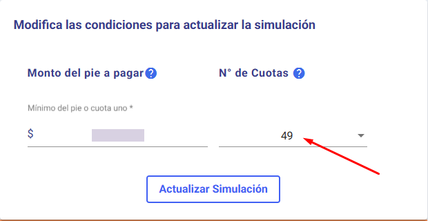Panel Modifica las condiciones para actualizar la simulación, con el monto del pie oculto, 49 en N° de Cuotas y el botón Actualizar Simulación