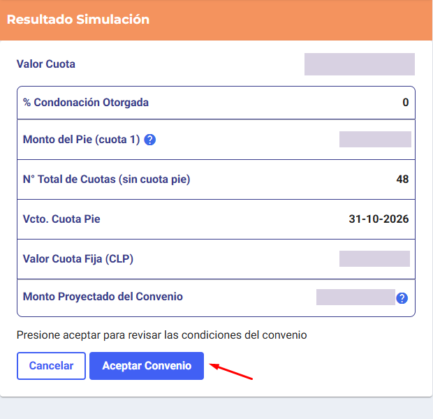 Resultado Simulación con % Condonación Otorgada en 0, 48 cuotas sin cuota pie, vencimiento de la cuota pie el 31-10-2026 y botón Aceptar Convenio; montos ocultos