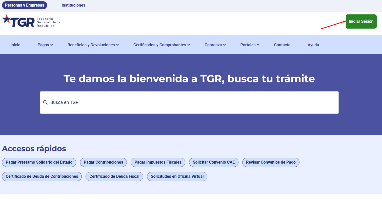 Portada de Tesorería General de la República con el botón Iniciar Sesión señalado
