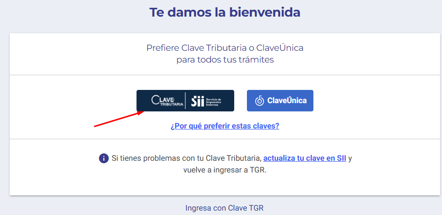 Pantalla de autenticación de TGR con las alternativas Clave Tributaria del SII y ClaveÚnica