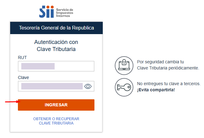Autenticación con Clave Tributaria para Tesorería, con campos RUT y Clave y botón Ingresar