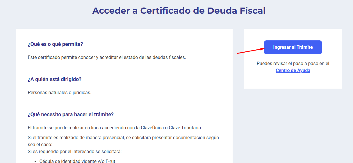 Ficha Acceder a Certificado de Deuda Fiscal con el botón Ingresar al Trámite destacado