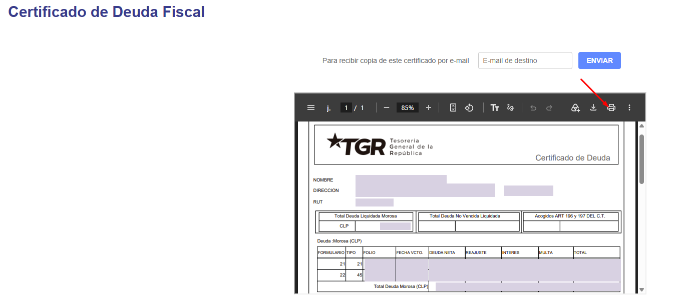 Certificado de Deuda Fiscal abierto en un visor PDF con controles de descarga e impresión y envío por correo