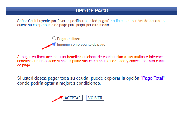 Pantalla Tipo de Pago con Imprimir comprobante de pago seleccionado y botón Aceptar
