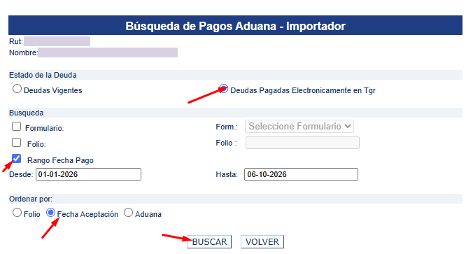 Búsqueda de Pagos Aduana Importador con Deudas Pagadas Electrónicamente en TGR, rango de fecha de pago y botón Buscar