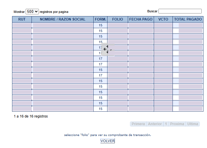 Tabla de pagos aduaneros con columnas de contribuyente, formulario, folio, fecha de pago, vencimiento y total pagado
