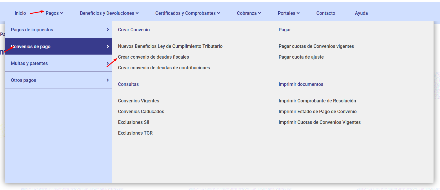 Menú Pagos, Convenios de pago, con Crear convenio de deudas fiscales señalado