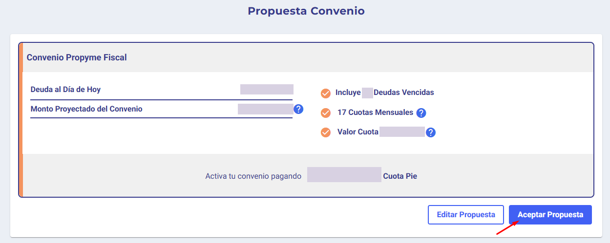 Propuesta de Convenio ProPyme Fiscal con deuda actual, monto proyectado, cantidad de cuotas, cuota pie y botones Editar y Aceptar Propuesta
