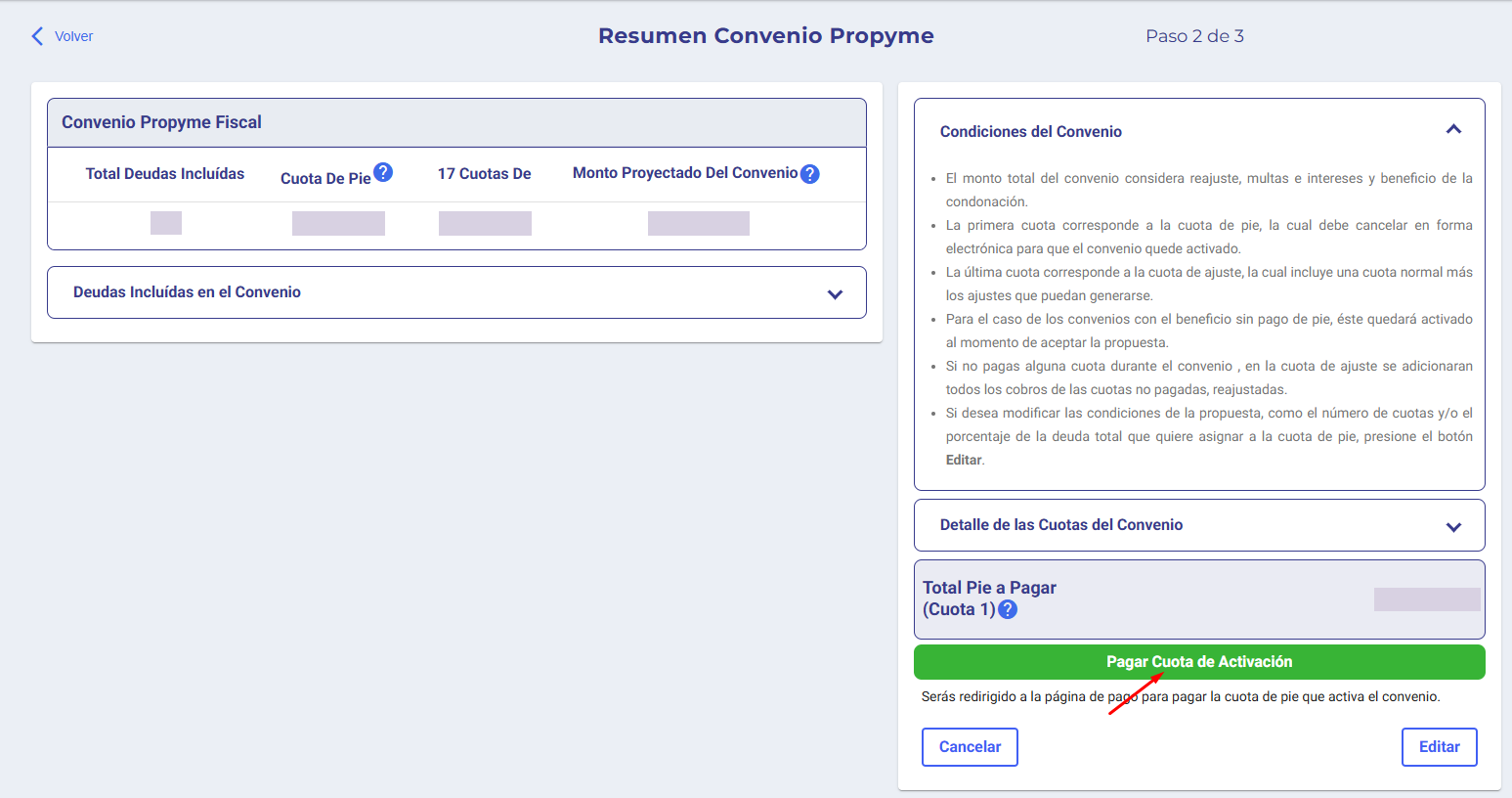 Resumen Convenio ProPyme, Paso 2 de 3, con condiciones, detalle de cuotas y botón Pagar Cuota de Activación
